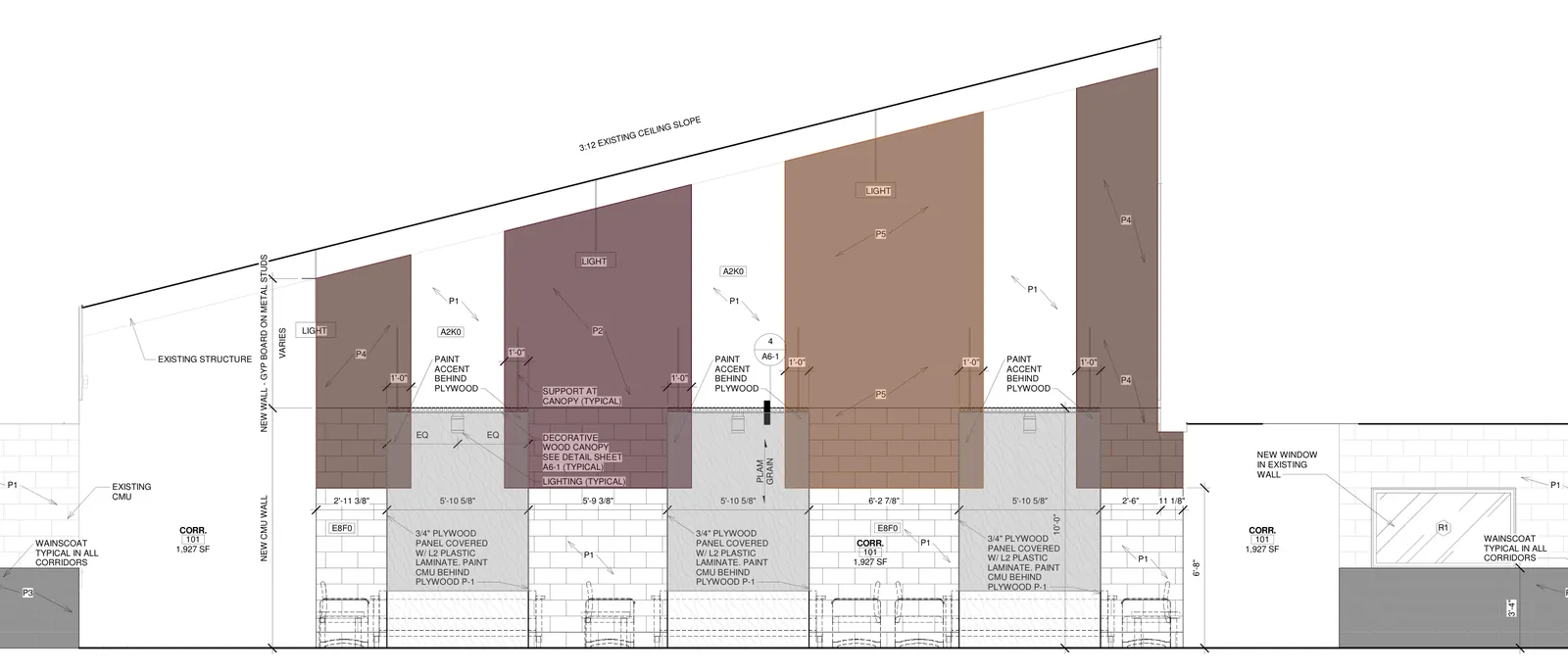 Interior elevation A5-1, Gathering Area accent wall under a 3:12 sloped ceiling, with the P2, P4 and P5 paint zones coloured