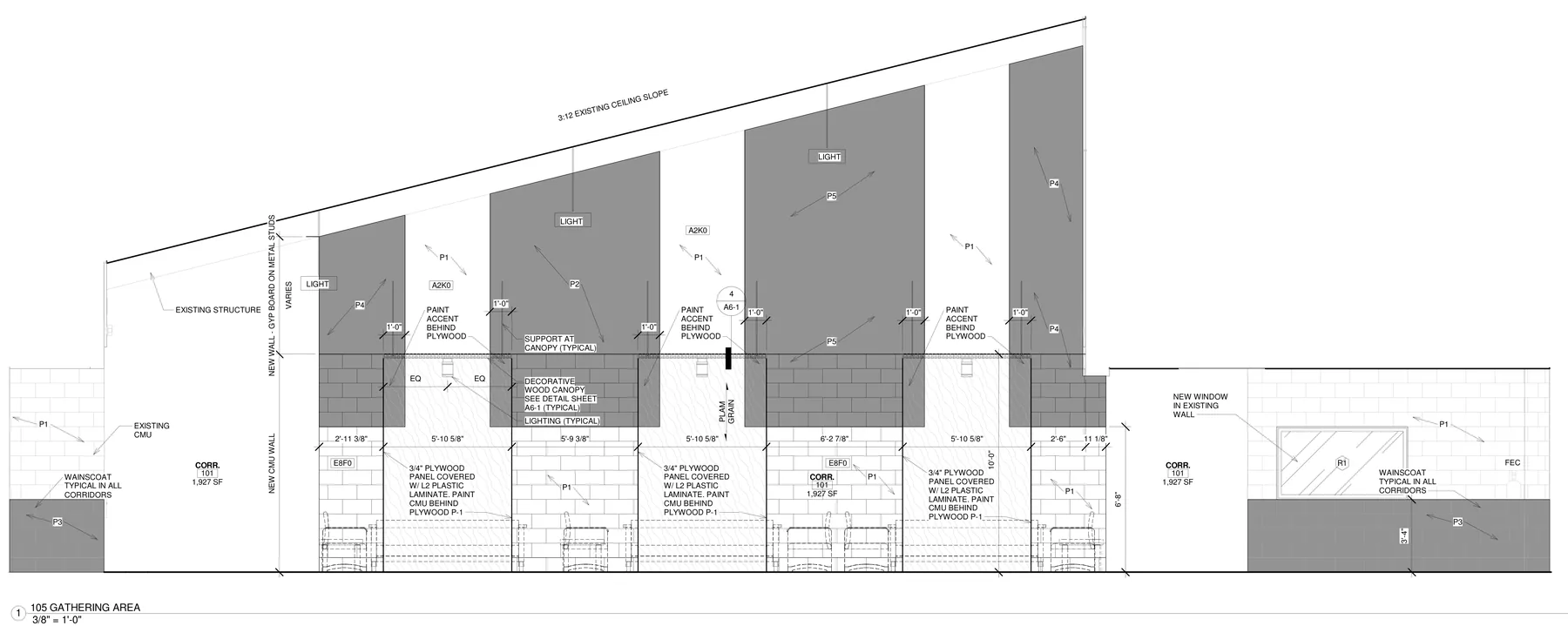 Interior elevation 1/A5-1, Gathering Area accent wall under a 3:12 sloped ceiling, original drawing with the P1-P5 paint tags